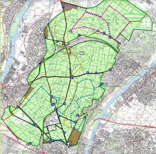 Carte des itinéraires cyclables en forêt domaniale de Saint-Germain, téléchargeable dans la section "Pour se préparer"