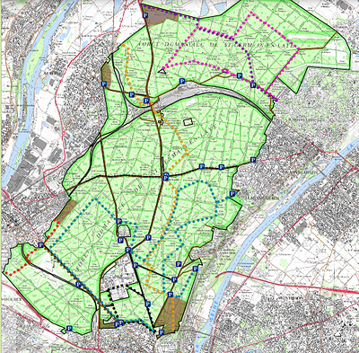 Carte des itinéraires cyclables en forêt domaniale de Saint-Germain, téléchargeable dans la section "Pour se préparer"