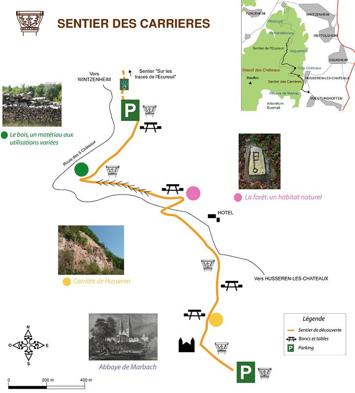Le sentier relie le parking des Trois-Châteaux, au nord, à celui de l'abbaye de Marbach, au sud.  Vous pouvez télécharger ce plan