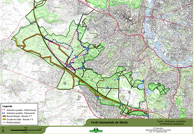 Carte des itinéraires cyclables en forêt domaniale de Marly, téléchargeable dans la section "Pour se préparer"