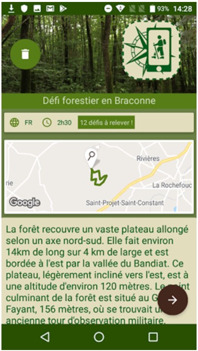 Une fois l'application 'ONF Découvertes' téléchargée, sélectionnez le parcours "Défi forestier en Braconne"