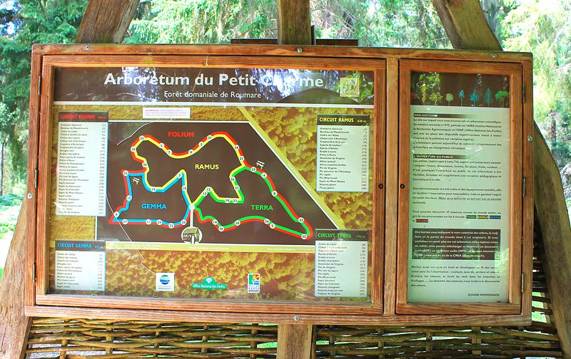 Sous le préau, à l'entrée, vous pourrez découvrir la carte de l'arboretum et ses quatre parcours.