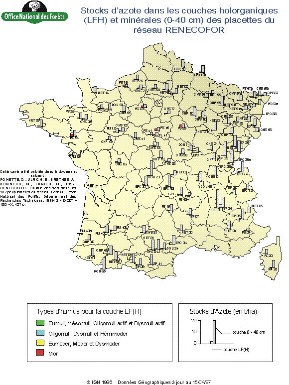 La carte des stocks d'azote dans les couches holorganiques (LFH) et minérales (0-40 cm) des placettes du réseau RENECOFOR (1993 - 1995)