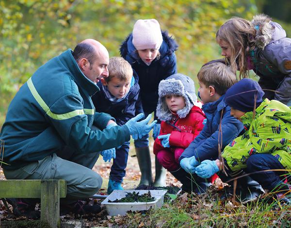 photo d'un forestier expliquant la gestion forestière à des enfants