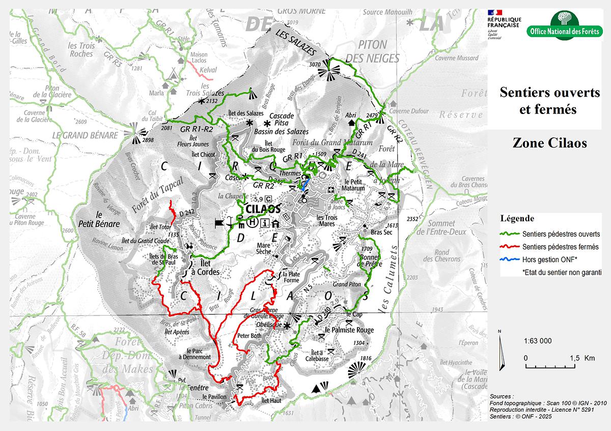 Carte de la zone Cilaos - Sentiers ouverts / fermés - ONF