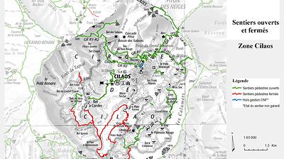 Carte de la zone Cilaos - Sentiers ouverts / fermés - ONF