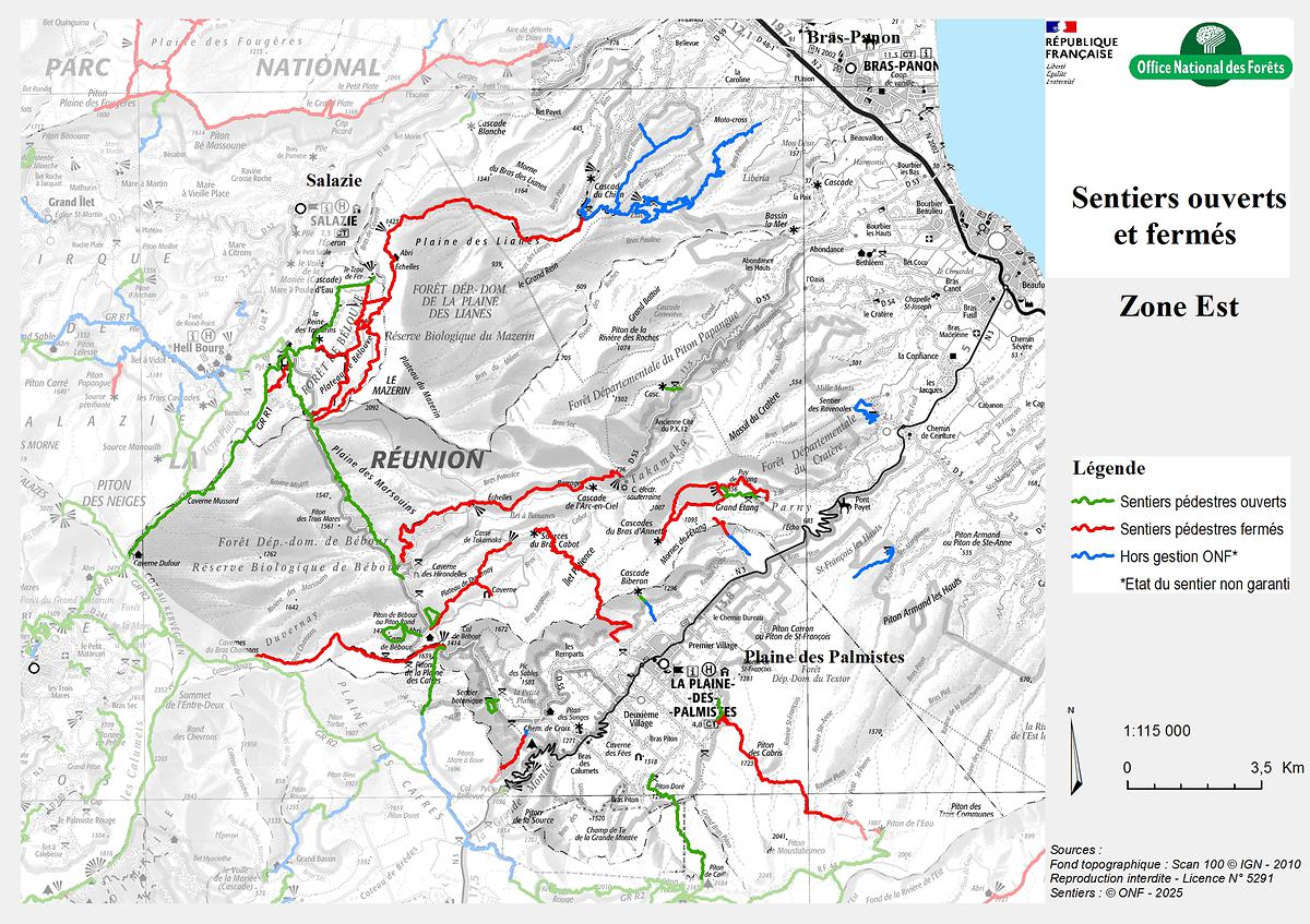 Carte de la zone Est - Sentiers ouverts / fermés - ONF