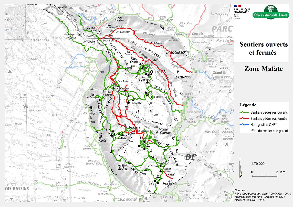 Carte de la zone Mafate - Sentiers ouverts / fermés - ONF