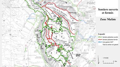 Carte de la zone Mafate - Sentiers ouverts / fermés - ONF