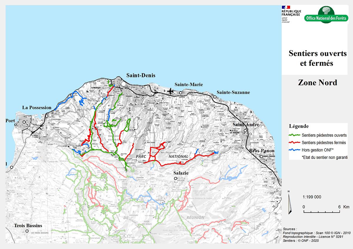 Carte de la zone Nord - Sentiers ouverts / fermés - ONF