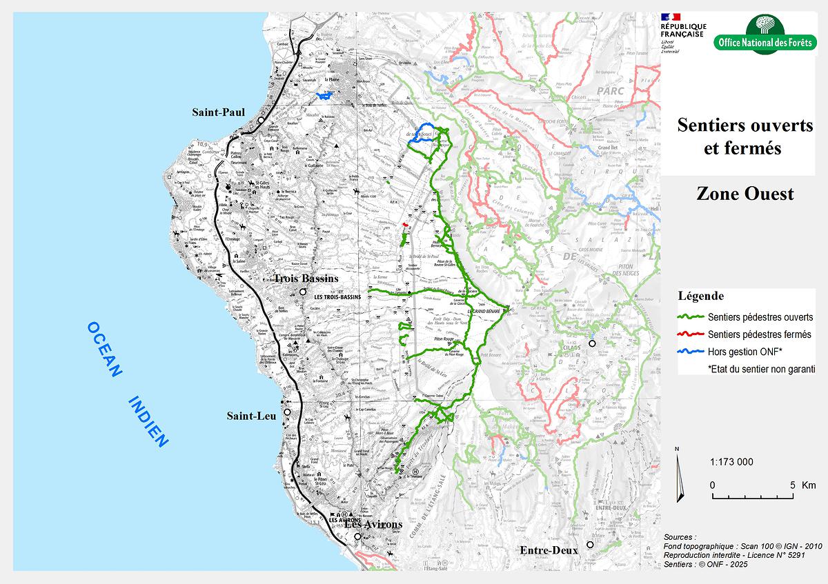 Carte de la zone Ouest - Sentiers ouverts / fermés - ONF