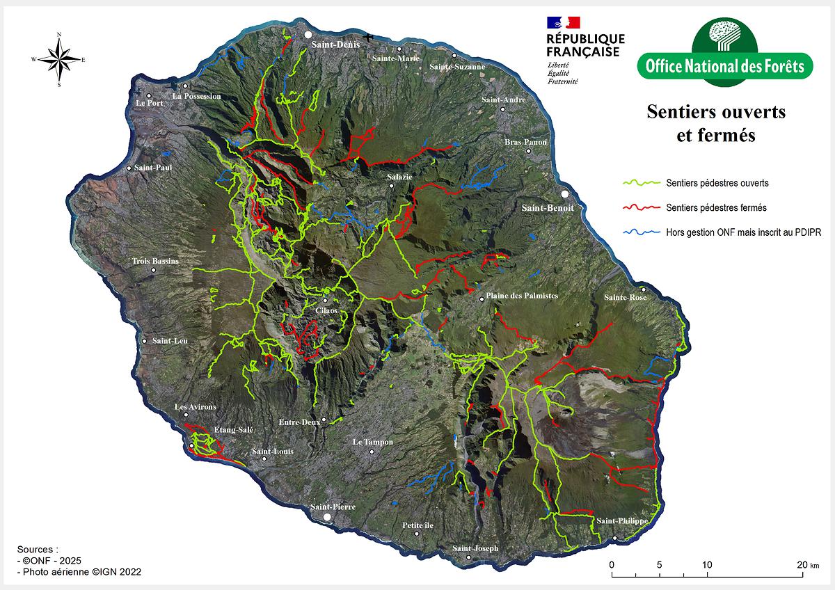 ONF Réunion - Carte sentiers ouverts fermés