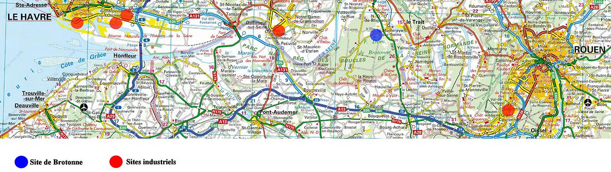 Localisation des grands sites industriels autour de la forêt domaniale de Brotonne (source : Michelin)